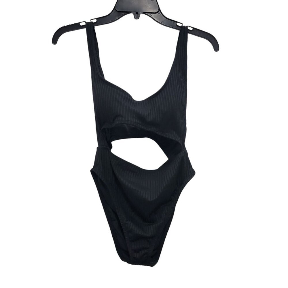 BCBGeneration Black Ribbed Cutout One-Piece Swimsuit with Scoop Neck